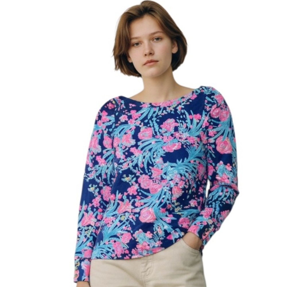 Lilly Pulitzer Corsica Blue Toucan Party Women’s Small Aleah Top Pink Floral